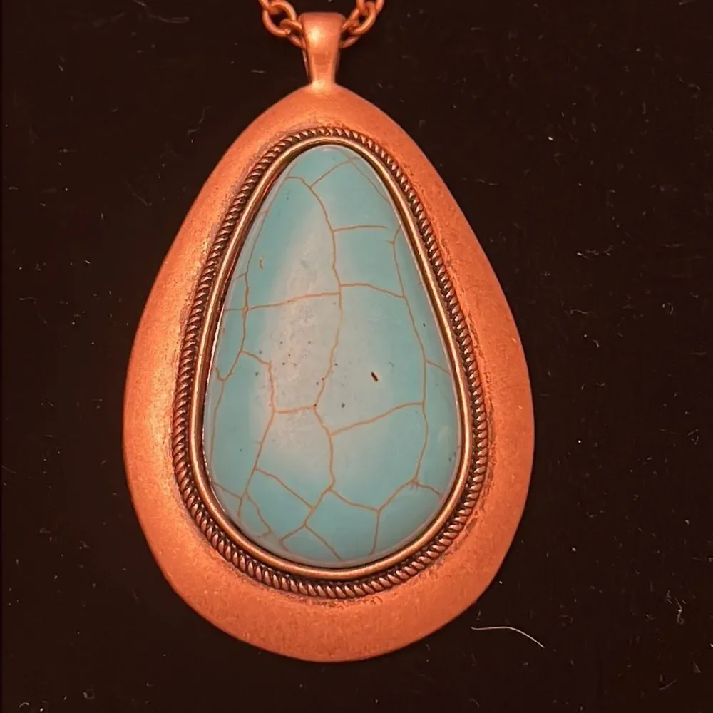NWT Boho Turquoise Blue & Copper Necklace on 34 inch chain.